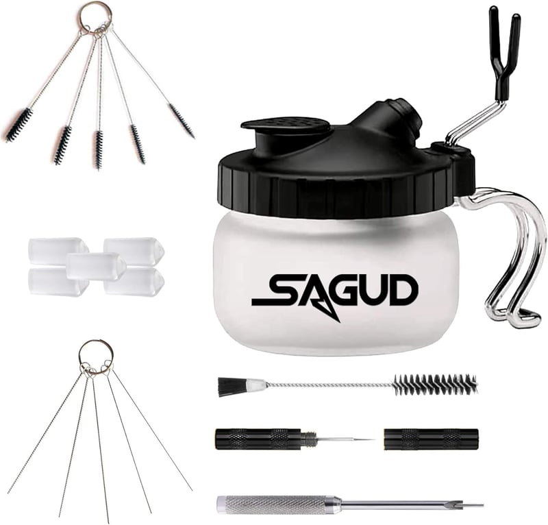 Sagud Airbrush tisztítókészlet üvegtartóval, kefékkel és tűkkel