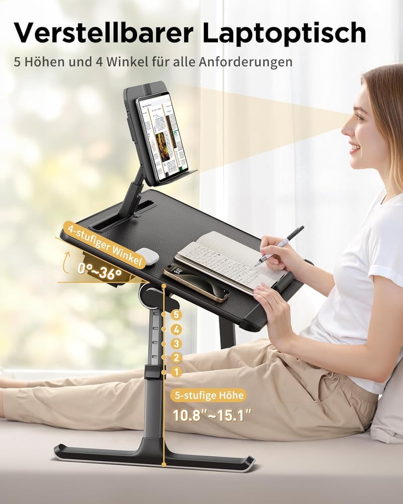 SAIJI XXL Laptop Asztal Magasságállítható Ágyhoz Fiókkal Fekete