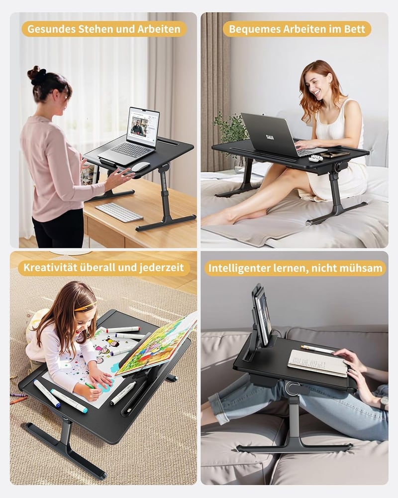 SAIJI XXL Laptop Asztal Magasságállítható Ágyhoz Fiókkal Fekete