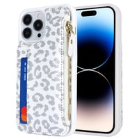 Puzdro na iPhone 14 Pro SailorTech s držiakom na karty, peňaženkou na zips a koženým krytom s motívom bieleho leoparda a priehradkou na karty 3