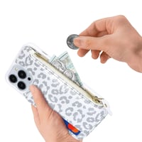 Puzdro na iPhone 14 Pro SailorTech s držiakom na karty, peňaženkou na zips a koženým krytom s motívom bieleho leoparda a priehradkou na karty 4