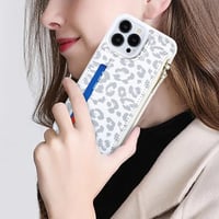 Puzdro na iPhone 14 Pro SailorTech s držiakom na karty, peňaženkou na zips a koženým krytom s motívom bieleho leoparda a priehradkou na karty 2