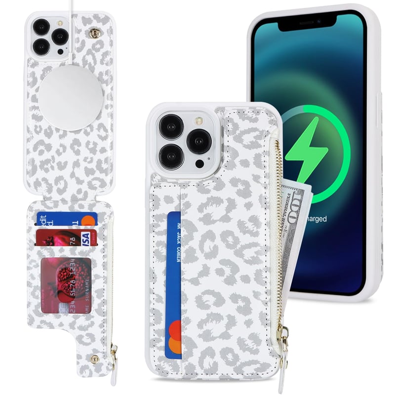 Puzdro na iPhone 14 Pro SailorTech s držiakom na karty, peňaženkou na zips a koženým krytom s motívom bieleho leoparda a priehradkou na karty