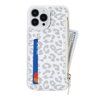 Puzdro na iPhone 14 Pro SailorTech s držiakom na karty, peňaženkou na zips a koženým krytom s motívom bieleho leoparda a priehradkou na karty 7