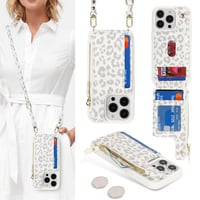 Husă SailorTech pentru iPhone 15 Pro, tip portofel din piele, cu baretă crossbody, model leopard alb, cu suport pentru carduri, fermoar și protecție anti-șoc 1