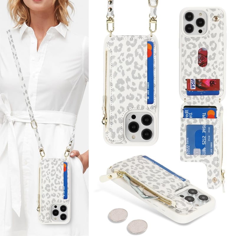 Husă SailorTech pentru iPhone 15 Pro, tip portofel din piele, cu baretă crossbody, model leopard alb, cu suport pentru carduri, fermoar și protecție anti-șoc