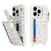 Husă SailorTech pentru iPhone 15 Pro, tip portofel din piele, cu baretă crossbody, model leopard alb, cu suport pentru carduri, fermoar și protecție anti-șoc 6