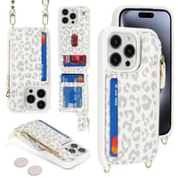 Husă SailorTech pentru iPhone 15 Pro, tip portofel din piele, cu baretă crossbody, model leopard alb, cu suport pentru carduri, fermoar și protecție anti-șoc 3