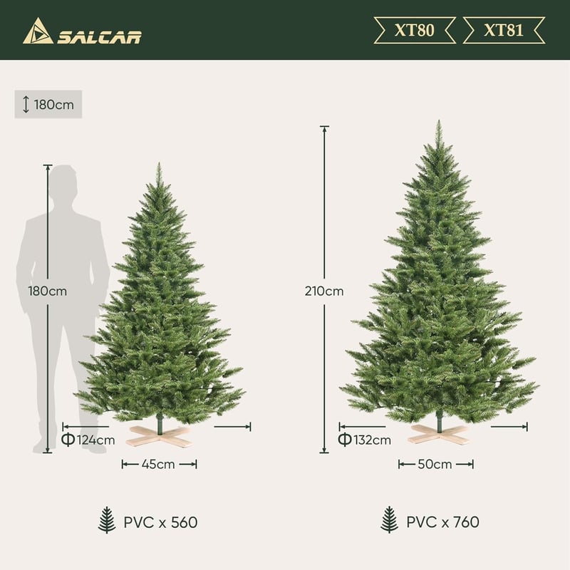 SALCAR 180 cm-es műfenyő 560 ággal, összecsukható rendszer, fa talp, 124 cm átmérő