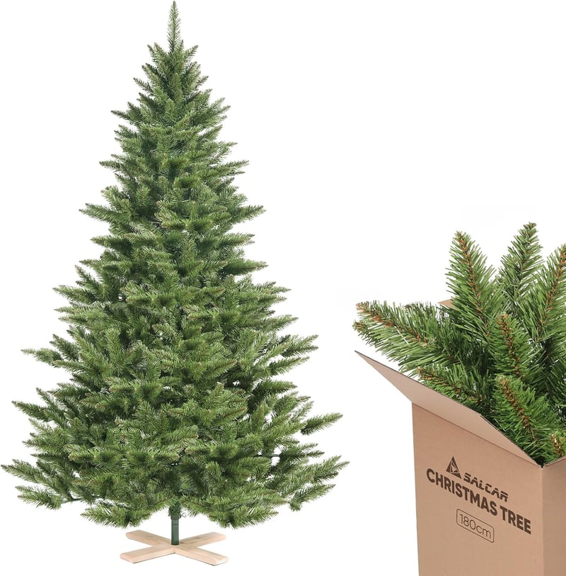 SALCAR 180 cm-es műfenyő 560 ággal, összecsukható rendszer, fa talp, 124 cm átmérő