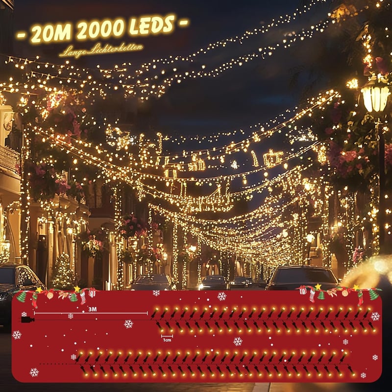 SALCAR 20m 2000 LED karácsonyi fényfüzér 8 üzemmóddal, vízálló kültéri beltéri dekoráció meleg fehér