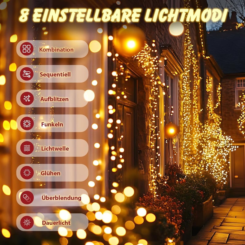 SALCAR 20m 2000 LED karácsonyi fényfüzér 8 üzemmóddal, vízálló kültéri beltéri dekoráció meleg fehér