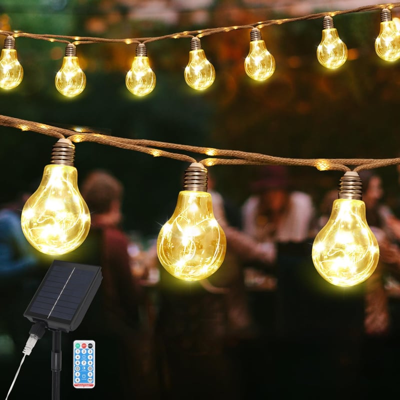 SALCAR Solárna vonkajšia svetelná reťaz s vintage konopným lanom, 5 m, 10 LED žiaroviek, vodotesná, 8 režimov, teplá biela, pre záhradu a terasu