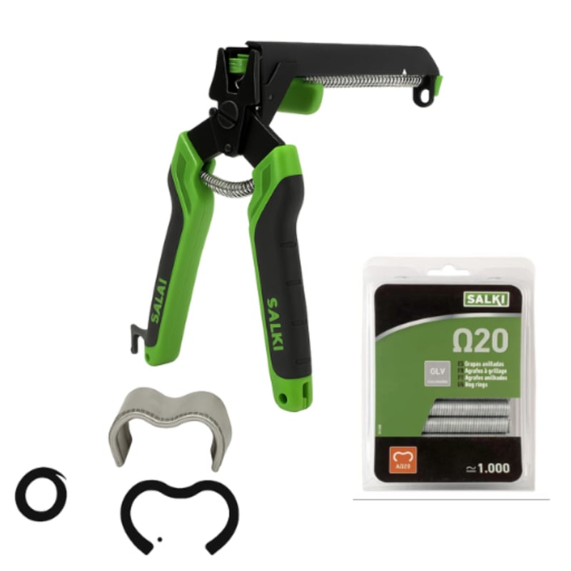 Clește pentru tensionat gard Salki FSK20C cu tăietor de sârmă integrat (3 mm) + 1000 buc. capse galvanizate Ω20 cu încărcător - Verde