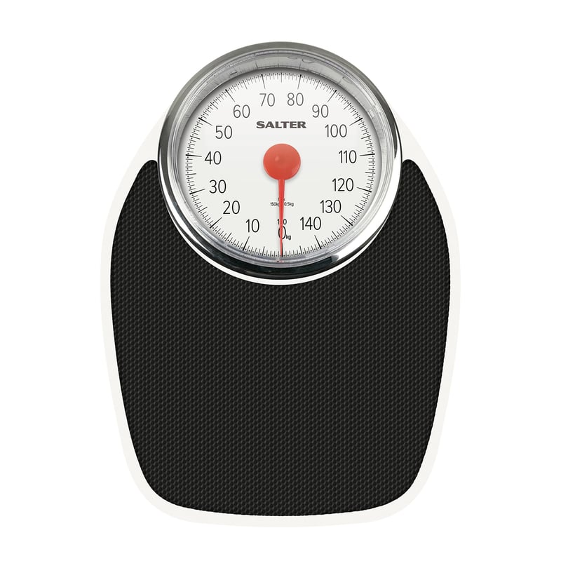 Mechanická osobná váha Salter 195 WHKR v medicínskom štýle – bielo-čierna, nosnosť 150 kg, analógová stupnica, kovová platforma, bez batérií