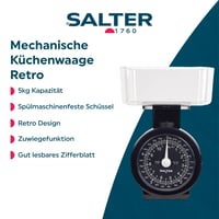 Cântar de bucătărie mecanic analogic Salter cu bol – capacitate 5 kg, design retro, lavabil în mașina de spălat vase, unități de măsură metrice și imperiale, negru 2