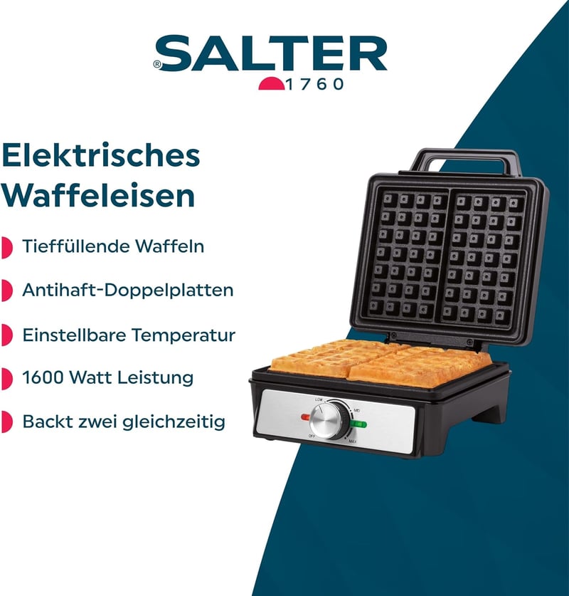 Salter Gofrisütő Gép Dupla Lemezzel, Mély Belgás Amerikai Gofri, Hőmérséklet Szabályozás, 1600W