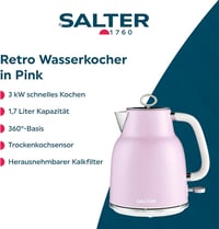 Salter Retro 1,7L Vízforraló 3kW Vezeték Nélküli Rózsaszín Szűrővel 2