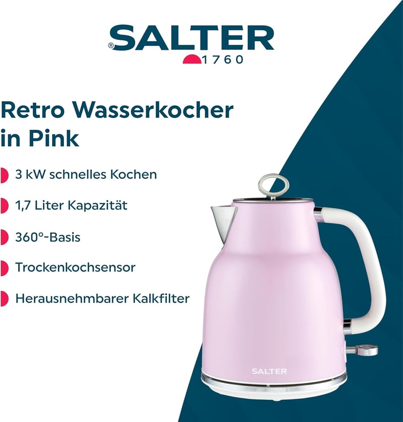 Salter Retro 1,7L Vízforraló 3kW Vezeték Nélküli Rózsaszín Szűrővel