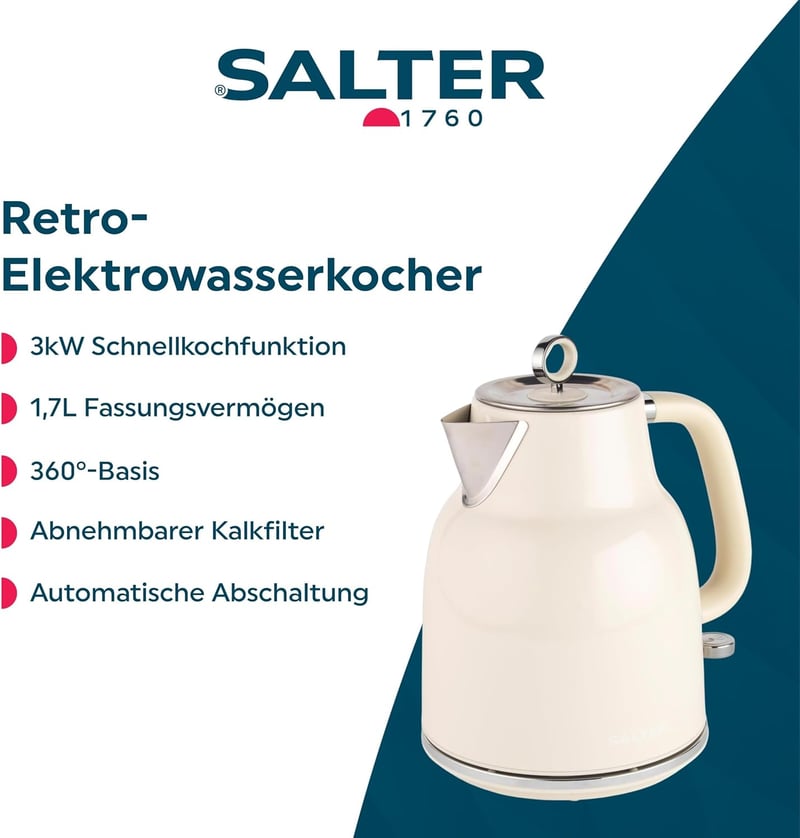 Salter Retro Krém Vízforraló 1.7L 360° Talapzat Gyors Forralás