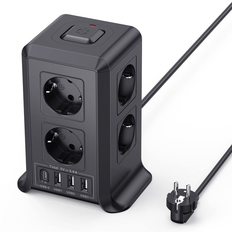 Sameriver 8-zásuvkový predlžovací prívod s vypínačom, 4 USB porty, prepäťová ochrana, 2 m kábel, stolová rozvodná veža pre domácnosť a kanceláriu