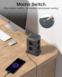 Sameriver 8-zásuvkový predlžovací prívod s vypínačom, 4 USB porty, prepäťová ochrana, 2 m kábel, stolová rozvodná veža pre domácnosť a kanceláriu 5