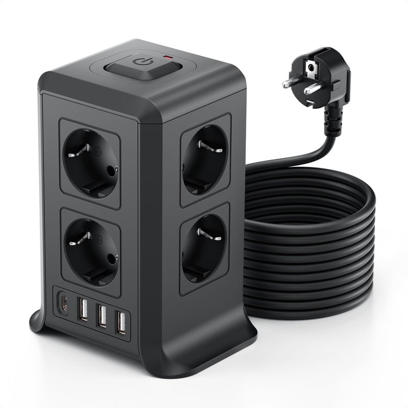 Sameriver 8-zásuvková rozvodka s vypínačom, 4 USB porty, prepäťová ochrana, 3 m predlžovací kábel, na použitie doma aj v kancelárii
