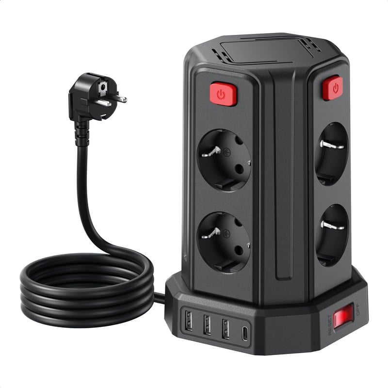 Sameriver EOUOKU PHNE4 Predlžovačka s 8 zásuvkami a 2 m káblom, 4 samostatne spínané zásuvky, 4 USB porty
