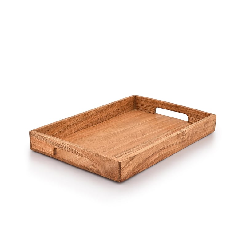 Samhita Akáciová servírovacia tácka s úchytkami na raňajky alebo konferenčný stolík 38x25,4x4 cm drevený podnos na pochutiny