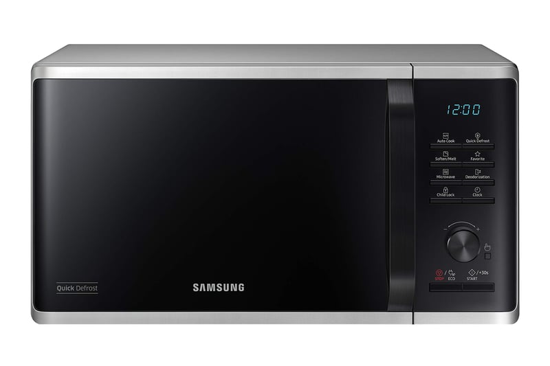Mikrovlnná rúra Samsung MS2AK3515AS/EG, 800 W, 23 litrov, šírka 48,9 cm, keramický smaltovaný vnútorný povrch, QuickDefrost, strieborná