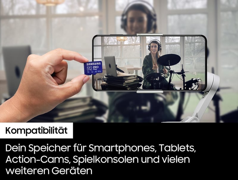Samsung Pro Plus 512GB microSD kártya SD adapterrel, mobil játékokhoz, 180MB/s olvasás - 512 GB, Pro Plus