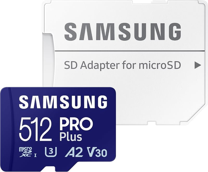 Samsung Pro Plus 512GB microSD kártya SD adapterrel, mobil játékokhoz, 180MB/s olvasás - 512 GB, Pro Plus