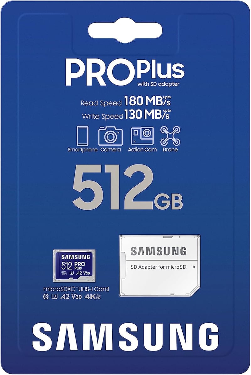 Samsung Pro Plus 512GB microSD kártya SD adapterrel, mobil játékokhoz, 180MB/s olvasás - 512 GB, Pro Plus