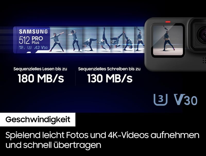Samsung Pro Plus 512GB microSD kártya SD adapterrel, mobil játékokhoz, 180MB/s olvasás - 512 GB, Pro Plus