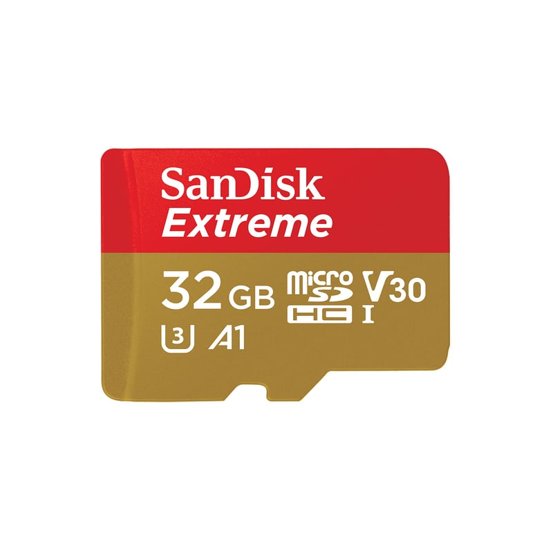 Card de memorie SanDisk Extreme 32 GB microSDHC cu adaptor SD, A1, Class 10, UHS-I, U3, V30, Rescue Pro Deluxe, 100 MB/s, roșu/auriu