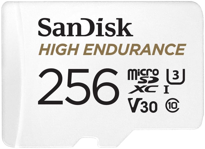 Card de memorie SanDisk High Endurance microSDXC 256 GB + adaptor SD - Pentru camere auto și camere IP - 20.000 ore Full HD/4K - 100 MB/s - UHS-I U3 V30