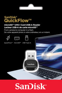 Čítačka kariet SanDisk QuickFlow microSD UHS-I s konektorom USB-A, rýchlosť čítania 250 MB/s a zápisu 150 MB/s, USB 3.2 Gen 1 3