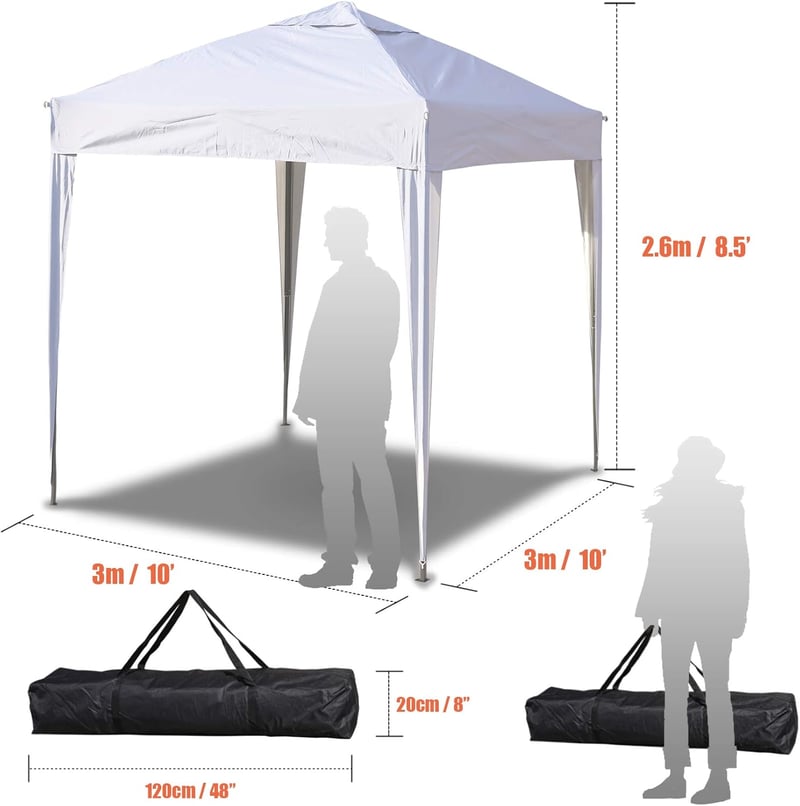 SANHENG 3x3m Vízálló Pop-Up Pavilon Összecsukható Kerti Sátor Acélvázzal Fehér