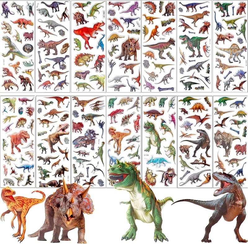 SANNIX 200 Darabos 3D Dinoszaurusz Matrica Szett Gyerekeknek - 14 Ív Puffy Állatos Matricák Scrapbookinghoz és Naplóhoz