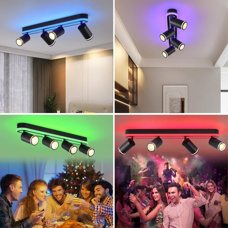 SANSHI 44W LED mennyezeti lámpa távirányítóval, RGB színváltó, 4 spotlámpa GU10, forgó design