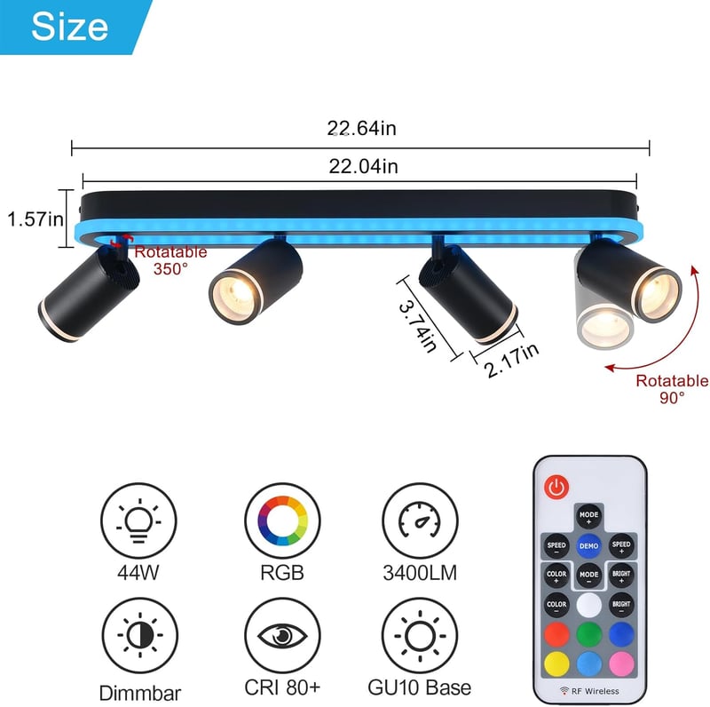 SANSHI 44W LED mennyezeti lámpa távirányítóval, RGB színváltó, 4 spotlámpa GU10, forgó design