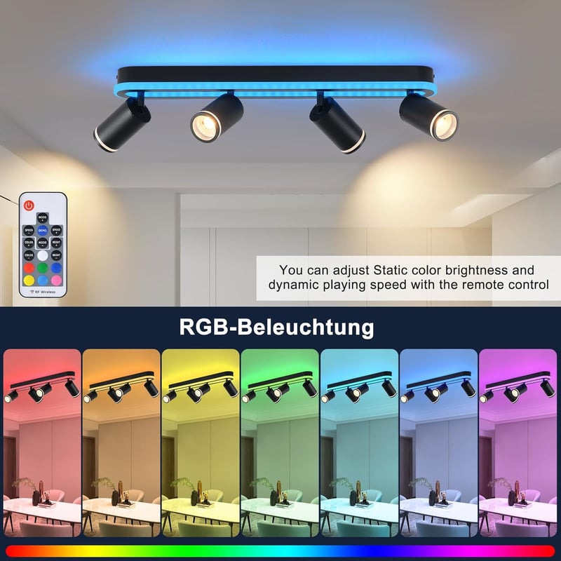 SANSHI 44W LED mennyezeti lámpa távirányítóval, RGB színváltó, 4 spotlámpa GU10, forgó design