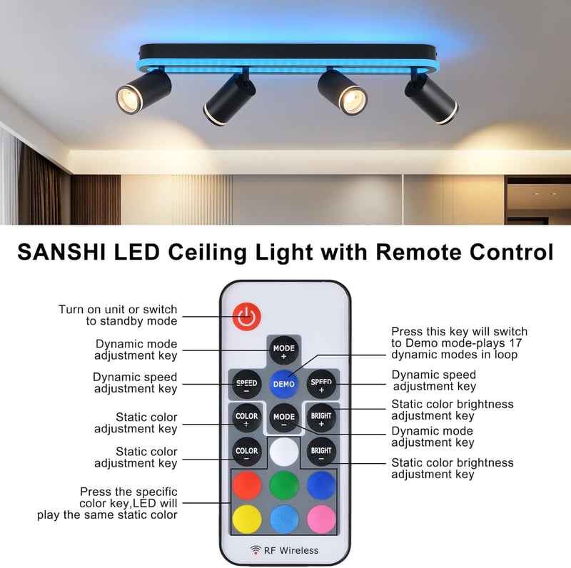 SANSHI 44W LED mennyezeti lámpa távirányítóval, RGB színváltó, 4 spotlámpa GU10, forgó design