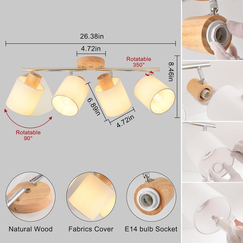 SANSHI LED Mennyezeti Lámpa 4 Izzós Fa Spotlámpa 350° Forgatható E14