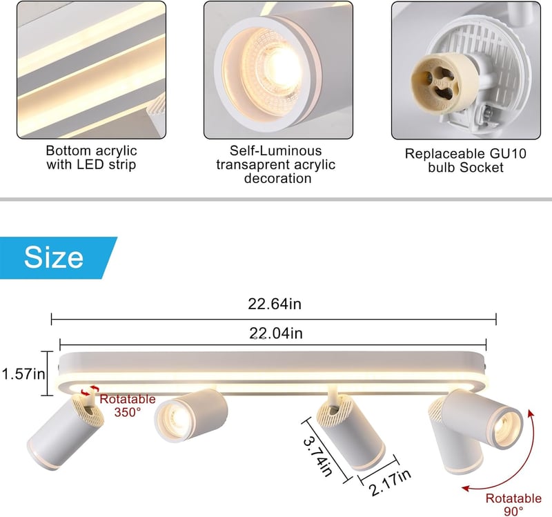 SANSHI LED Mennyezeti Lámpa 4 Spottal, 350° Forgatható Mennyezeti Spotlámpa, 36W + 4x5W GU10, Modern Fehér Alumínium, 3000K Meleg Fény