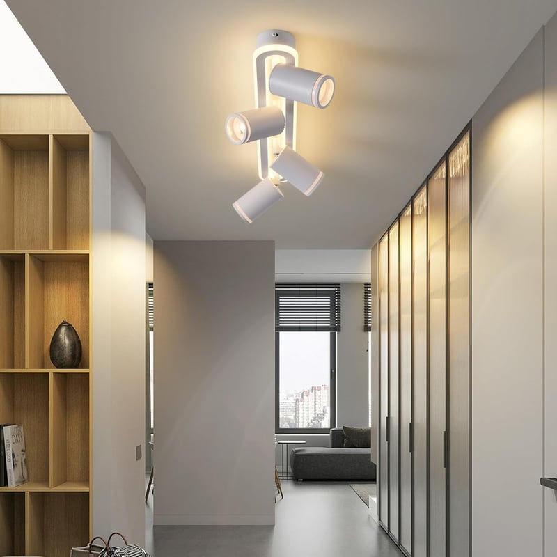 SANSHI LED Mennyezeti Lámpa 4 Spottal, 350° Forgatható Mennyezeti Spotlámpa, 36W + 4x5W GU10, Modern Fehér Alumínium, 3000K Meleg Fény