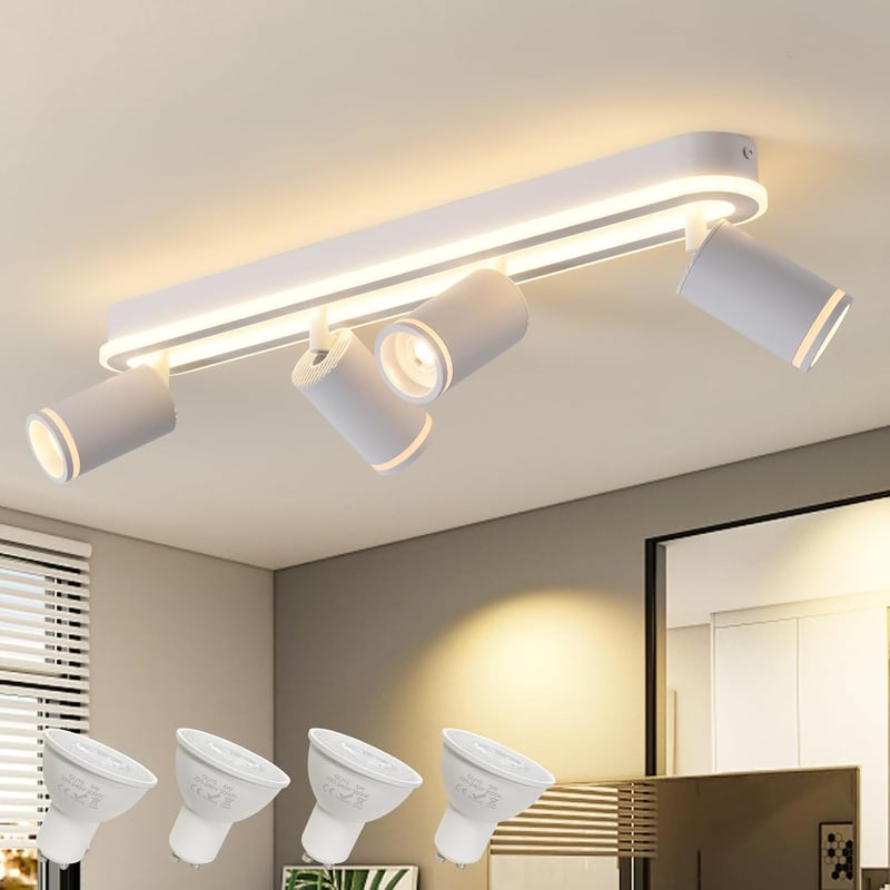 SANSHI LED Mennyezeti Lámpa 4 Spottal, 350° Forgatható Mennyezeti Spotlámpa, 36W + 4x5W GU10, Modern Fehér Alumínium, 3000K Meleg Fény