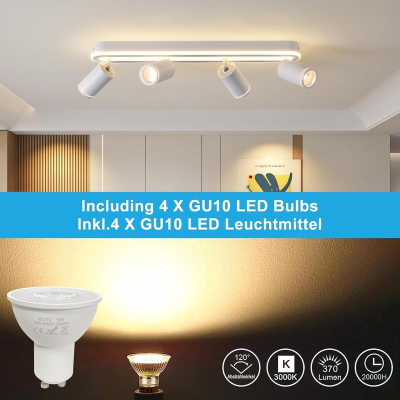 SANSHI LED Mennyezeti Lámpa 4 Spottal, 350° Forgatható Mennyezeti Spotlámpa, 36W + 4x5W GU10, Modern Fehér Alumínium, 3000K Meleg Fény