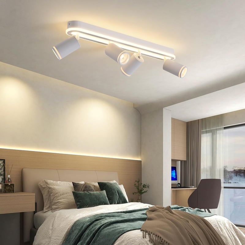 SANSHI LED Mennyezeti Lámpa 4 Spottal, 350° Forgatható Mennyezeti Spotlámpa, 36W + 4x5W GU10, Modern Fehér Alumínium, 3000K Meleg Fény