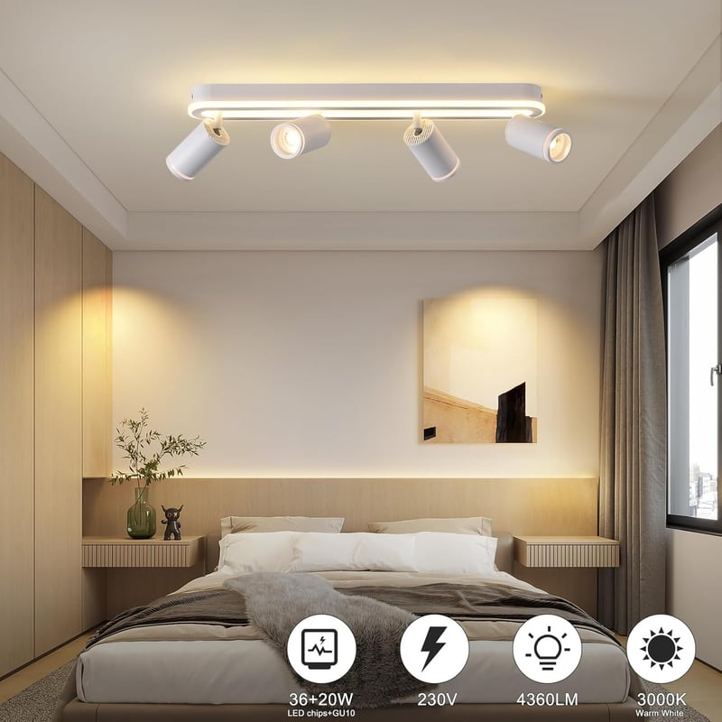 SANSHI LED Mennyezeti Lámpa 4 Spottal, 350° Forgatható Mennyezeti Spotlámpa, 36W + 4x5W GU10, Modern Fehér Alumínium, 3000K Meleg Fény